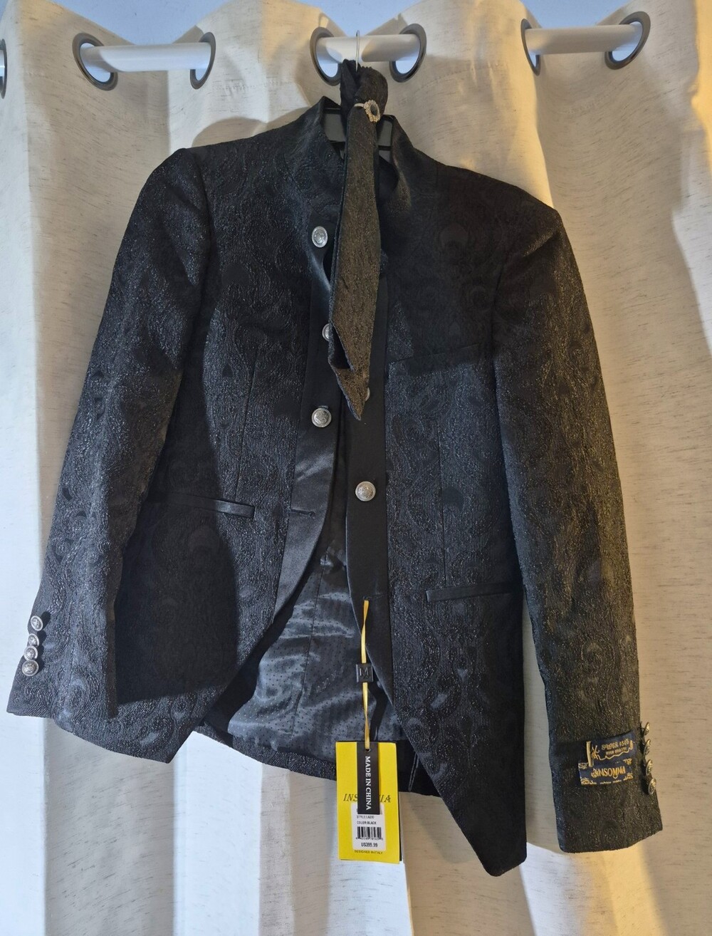 Men's Fitted Party Suit Black Paisley Chinese Collar Manzini Havana